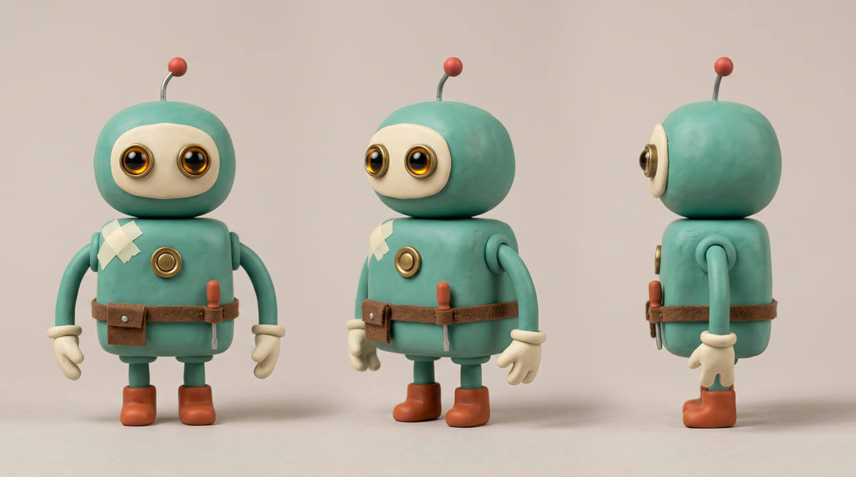 Character sheet of Bo, a clay robot: front, three-quarter and side views
