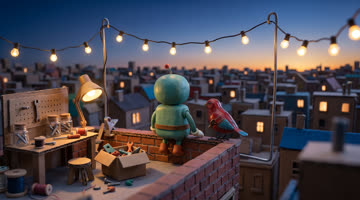 Bo sits on a rooftop ledge beside the repaired tin bird as the sun rises over a cardboard city