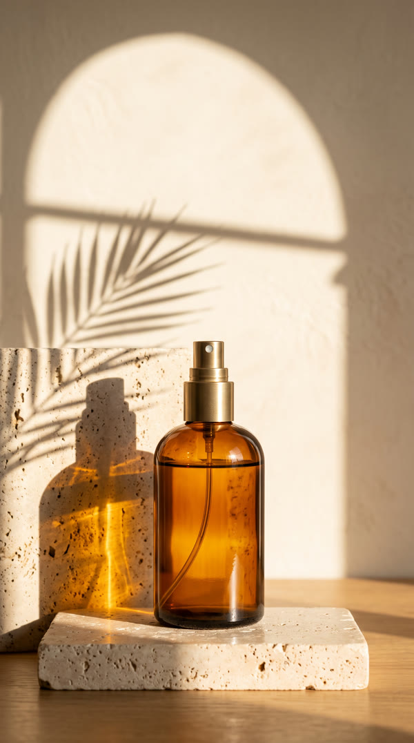 Product photo of an amber glass bottle on travertine